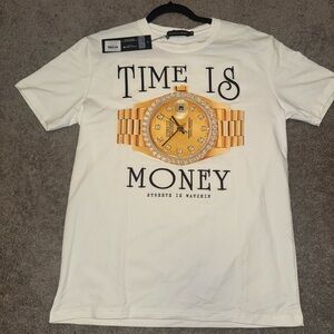 White Graphic T-Shirt with Gold Watch Design